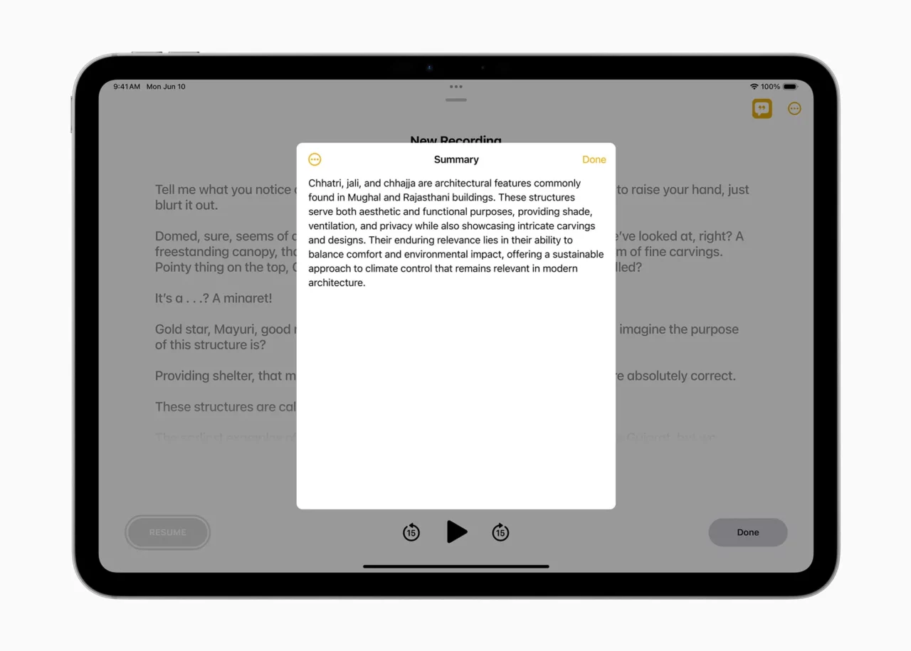 Apple WWDC24 Apple Intelligence Notes generate summary from recorded audio 240610